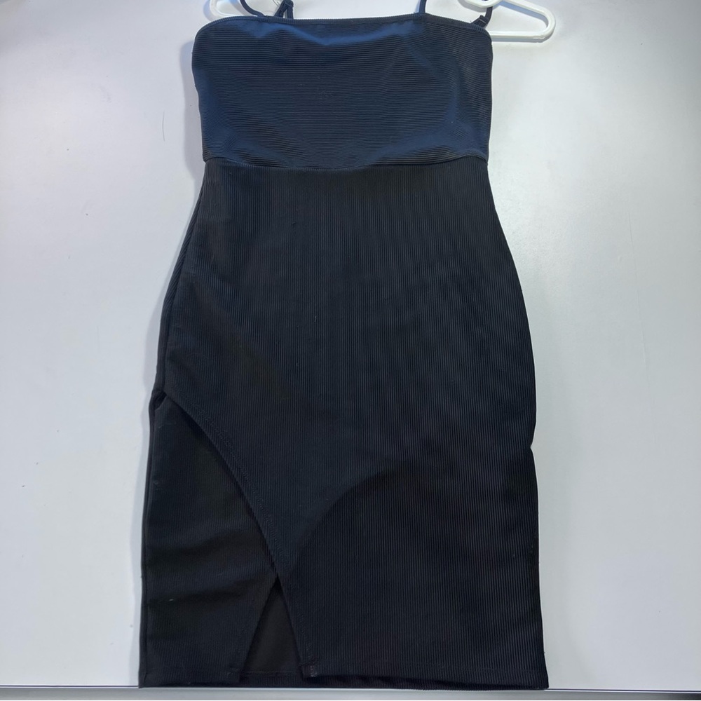 Heart & Hips Black Ribbed Bodycon Mini Dress Spaghetti Strap Side Slid Women S